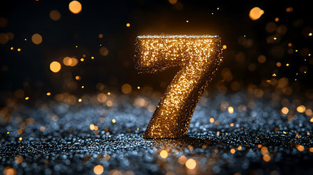 Number 7 gold glittering on black bokeh background. 3D Renderの素材