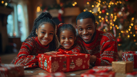 Portrait of happy african american family lying on floor with Christmas presentsの素材