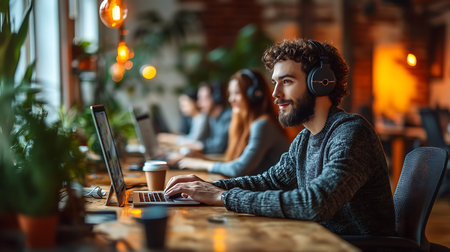 Young man in headphones working on laptop while his colleagues listening to himの素材