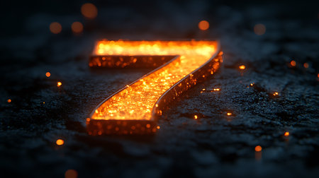 Number 7 on cracked asphalt. Glowing digits. 3D renderingの素材