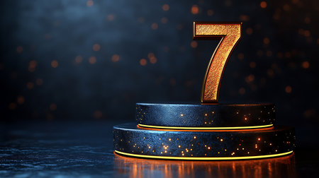 Number 7 on black podium illuminated with yellow spotlight. 3D renderの素材
