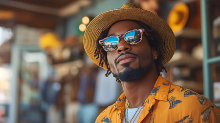 Portrait of handsome african american man in hat and sunglasses.の素材