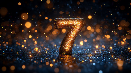Number 7 gold glittering confetti on black background. 3d renderingの素材
