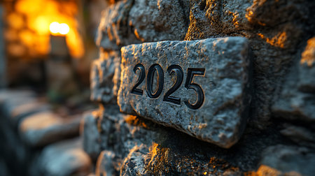 New Year's card in the form of numbers 2015 on a stone wallの素材
