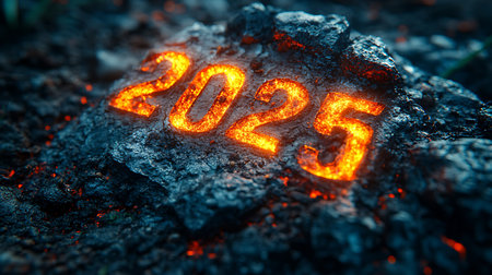 Happy New Year and Merry Christmas concept. Close up of glowing red numbers 2022 on black coal background.の素材