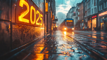 Tram passing through the streets of the city in the rain.の素材