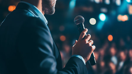 cropped image of man in suit holding microphone and standing on stageの素材
