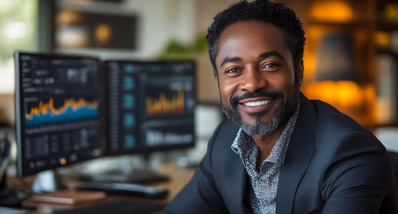 Portrait of happy african american businessman looking at camera in officeの素材