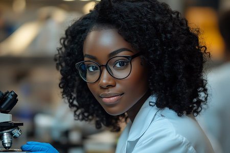 african american scientist in eyeglasses looking at camera in laboratoryの素材
