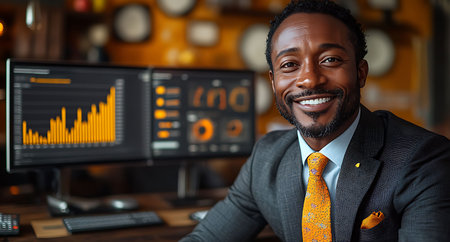 Portrait of cheerful african-american businessman looking at camera in officeの素材