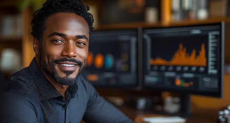Portrait of smiling african american designer sitting at desk in officeの素材