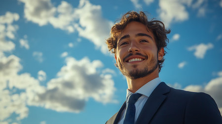 Portrait of a smiling young businessman against blue sky with white cloudsの素材