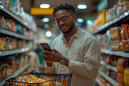 Young african american man in eyeglasses using smartphone while shopping in supermarketの素材