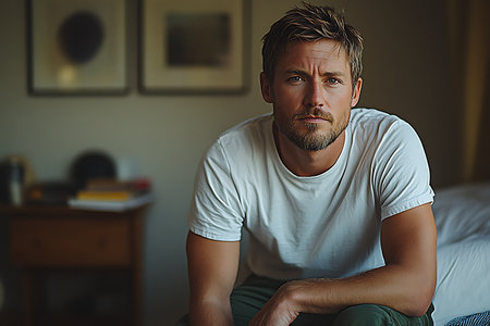 Serious man looking at camera while sitting on bed in bedroom at homeの素材