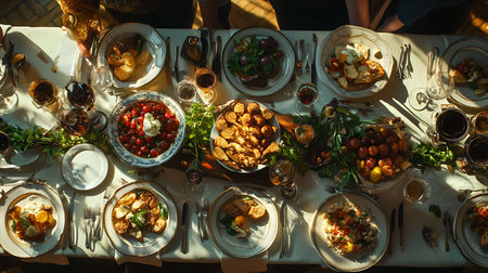 Dinner table with food and wine in restaurant. Top view.の素材