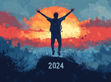 Happy new year 2014. Traveler with backpack and sunset. Vector illustration.の素材