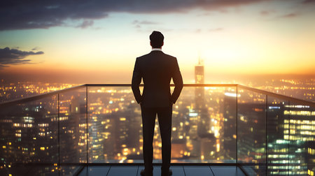 Businessman standing on balcony and looking at night city. Mixed mediaの素材