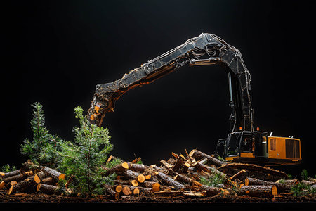 A large excavator digs a firewood in a forest on a black background.の素材