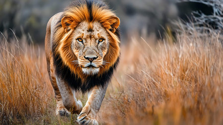Male lion walking in the grass in the Okavango Delta, Botswana.の素材