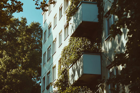 Modern apartment buildings on a sunny day. Facade of a modern apartment buildingの素材