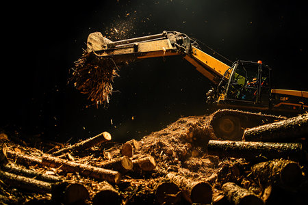 A big excavator working on a pile of wood at night. Selective focusの素材