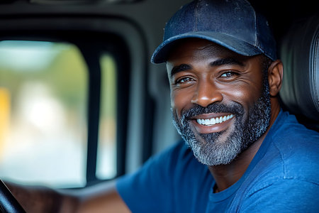 Portrait of a smiling African-American man sitting in a carの素材