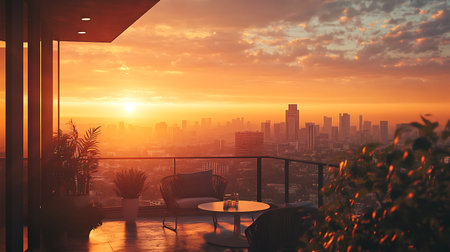 Luxury hotel balcony overlooking the city at sunset. 3d renderingの素材