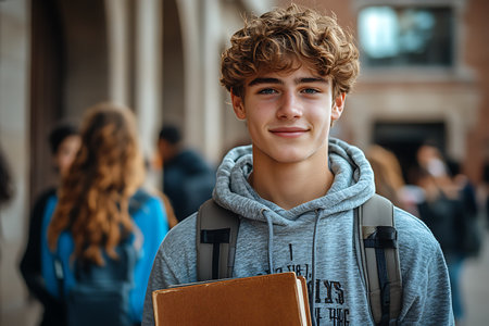 Portrait of a smiling teenage boy holding a book while standing outdoorsの素材