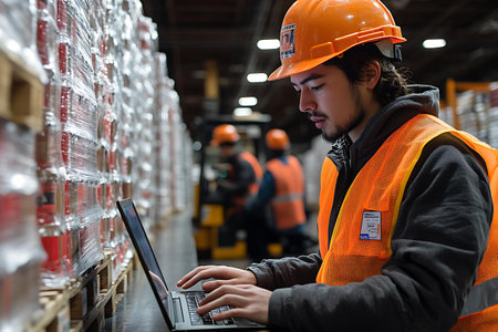 Side view of young Caucasian female staff using laptop in warehouse. This is a freight transportation and distribution warehouse. Industrial and industrial workers conceptの素材