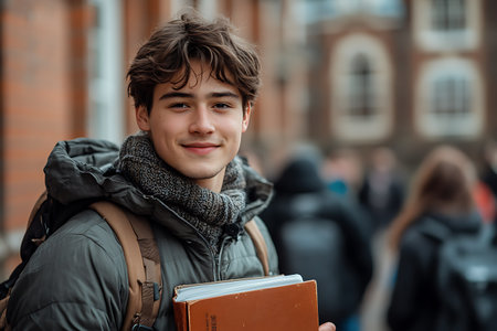 portrait of a teenage boy with a book in his hands on the streetの素材