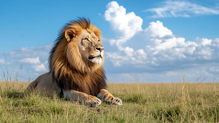 Male lion lying on grass in Serengeti National Park, Tanzaniaの素材