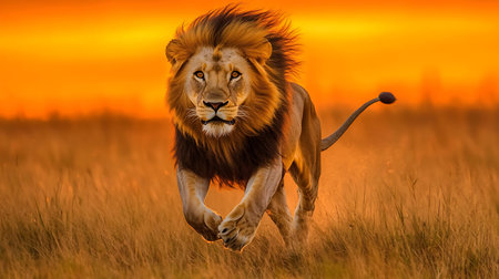 Male lion running in the savannah at sunset, Masai Mara, Kenyaの素材