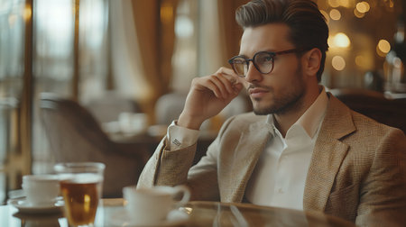 Portrait of a handsome young man in glasses and suit sitting in a cafeの素材