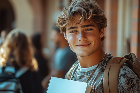 portrait of smiling young man holding book and looking at camera in cityの素材