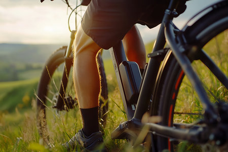 Close-up of the legs of a cyclist riding a mountain bike on a green meadow at sunsetの素材