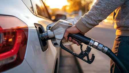 Close-up of a man filling a car with gasoline at a gas stationの素材