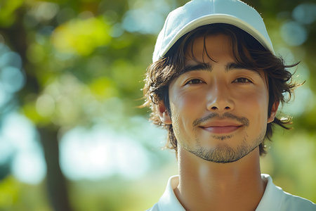 Portrait of a handsome young man wearing baseball cap in the parkの素材