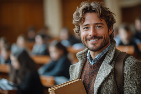 Portrait of smiling male student holding book while sitting in lecture hallの素材