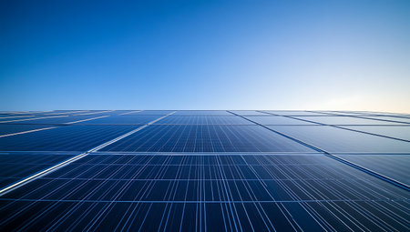 solar panels on blue sky background, photovoltaic cellsの素材