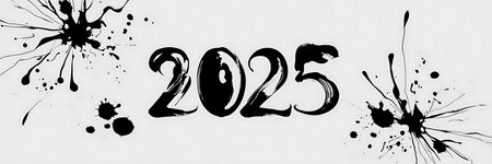 Happy New Year 2023. Banner with black ink splashes on white backgroundの素材