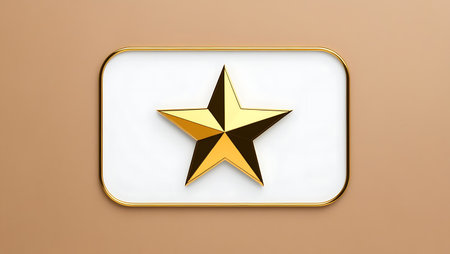 Golden star icon isolated on brown background. 3D illustration. Top view.の素材