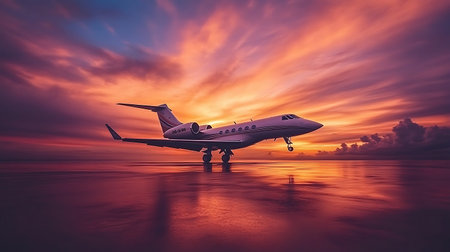 Commercial airplane flying over the sea at sunset. 3D Renderingの素材