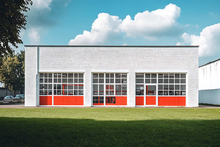 Facade of a modern industrial building with red and white walls.の素材