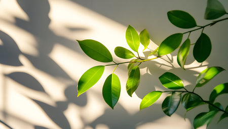 Ficus benjamina leaves with shadow on white wall background.の素材