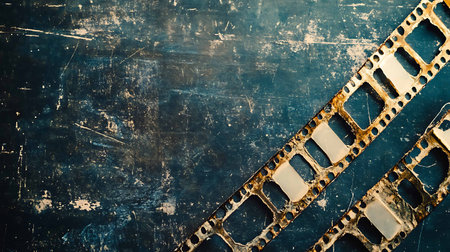 Old film strip on grunge blue background. Toned image.の素材