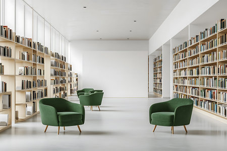 Interior of modern library with white walls, concrete floor, rows of bookcases and green armchairs. 3d renderingの素材