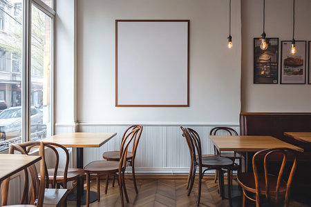 Interior of a cafe with empty poster on the wall, wooden tables and chairsの素材