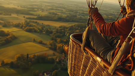 Woman in a hot air balloon flying over the countryside. View from above.の素材