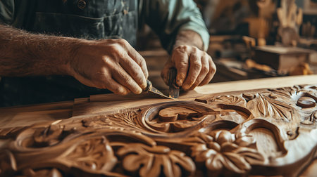 Carpenter working on wood craft in his workshop, closeupの素材
