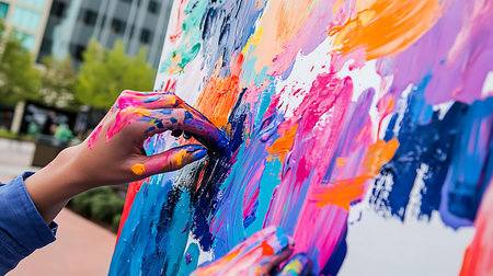 Close-up of a young woman's hand painting a colorful wallの素材